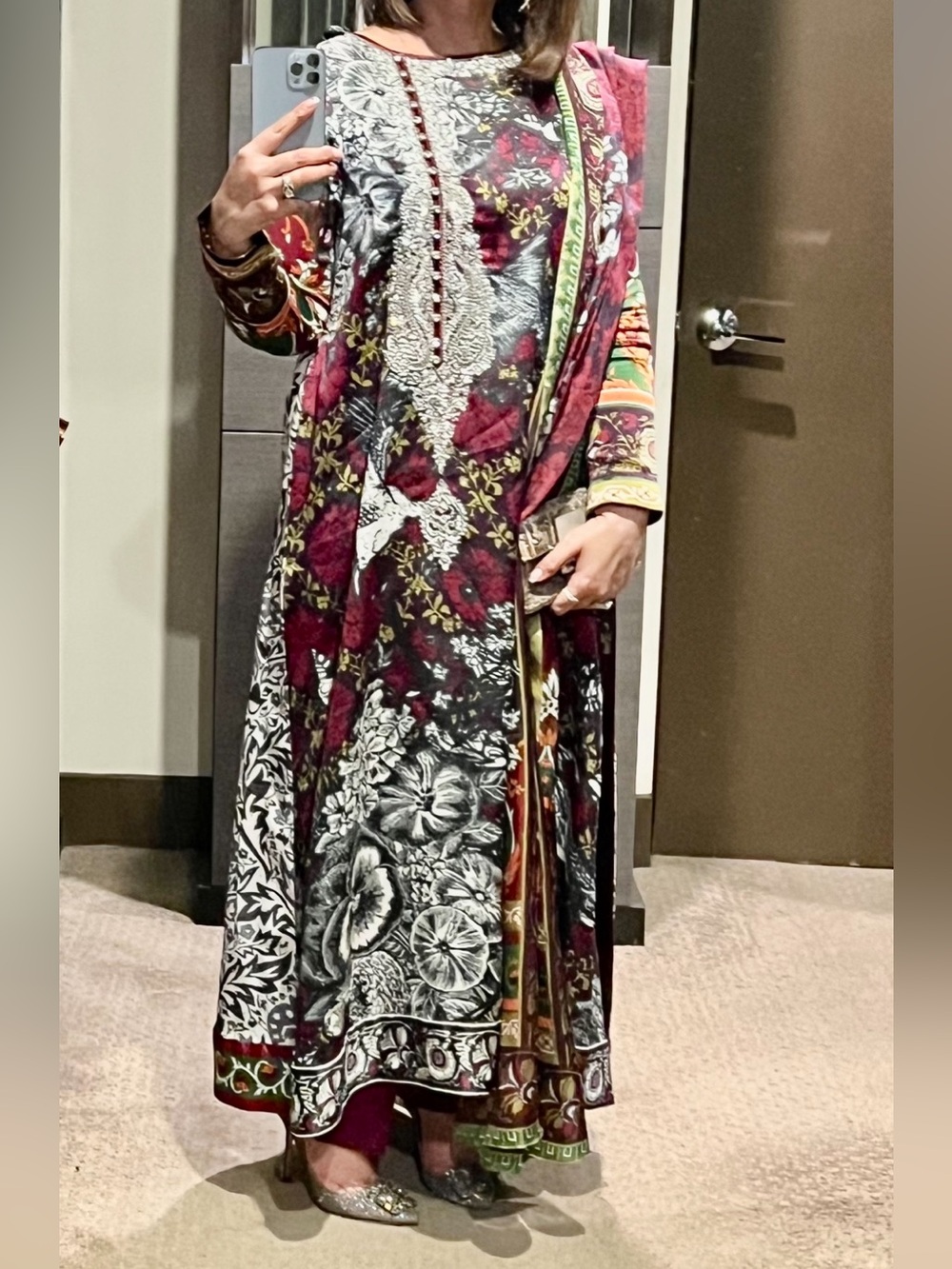 Long Sleeve Floral Maxi Dress in Burgundy and Black